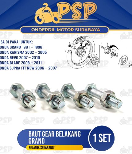 Baut Ger Belakang Grand Silver (1 Set) - Baud Nap Gear Gir Honda Astrea Blade Revo Supra X Fit New